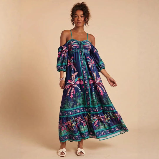 Damen Maxikleid mit schulterfreiem Design und tropischem Druck EB