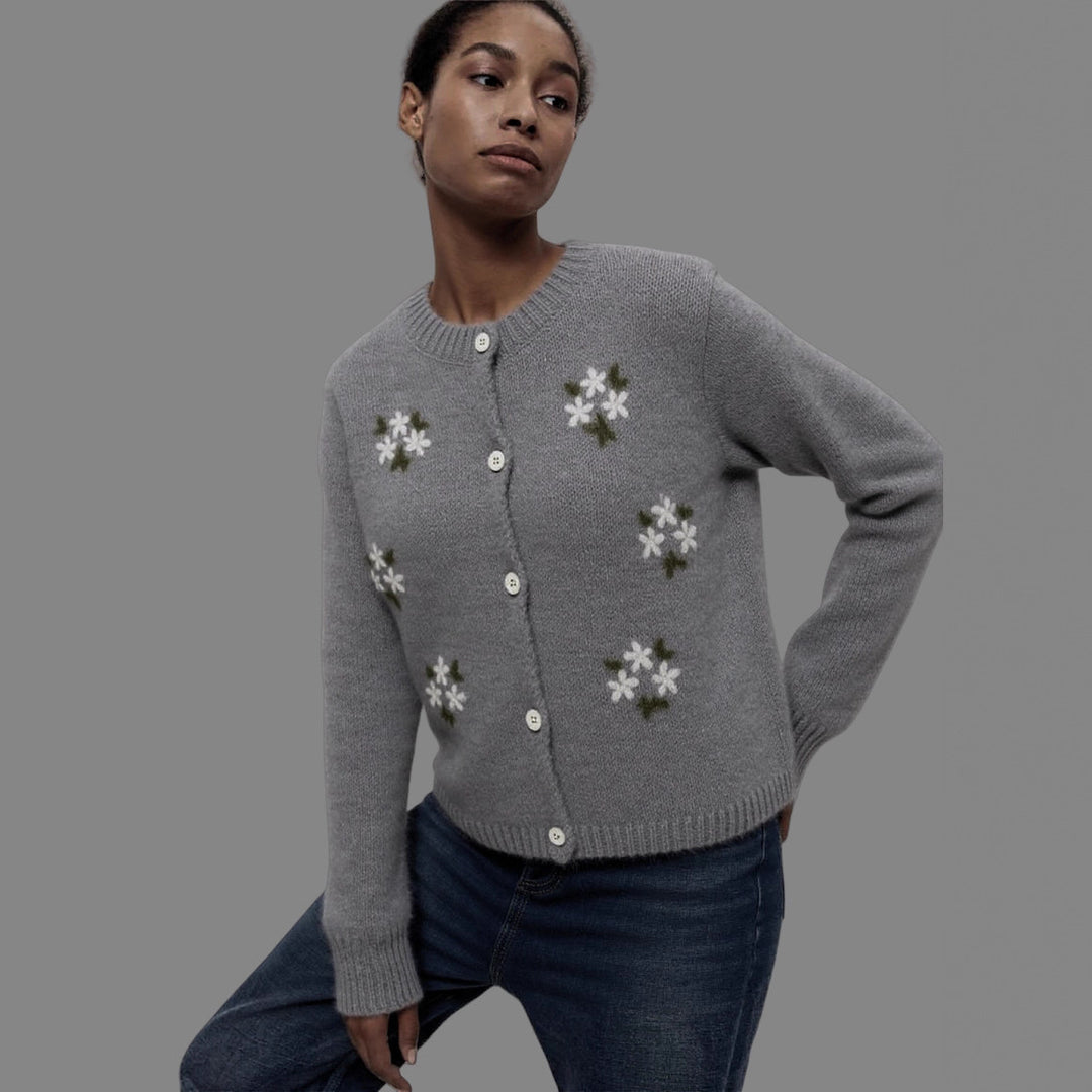 Damen gestrickter Cardigan mit floralen Stickereien EB