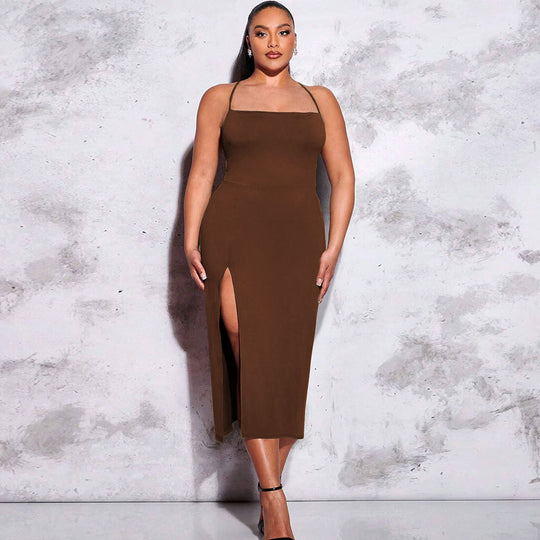 Damen schickes Maxikleid mit Spaghetti-Trägern und seitlichem Schlitz EB