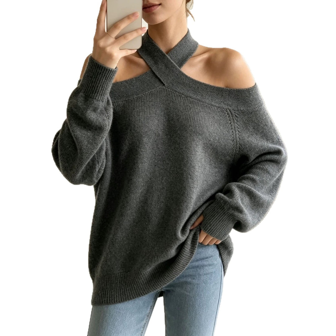 Damen Grobgestrickter schulterfreier Pullover mit überkreuztem Neckholder EB