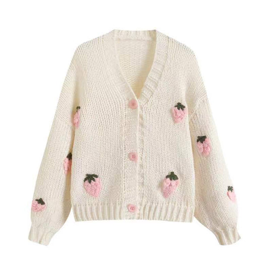 Damen Kurzcardigan mit Erdbeer-Applikationen und grobem Strick EB
