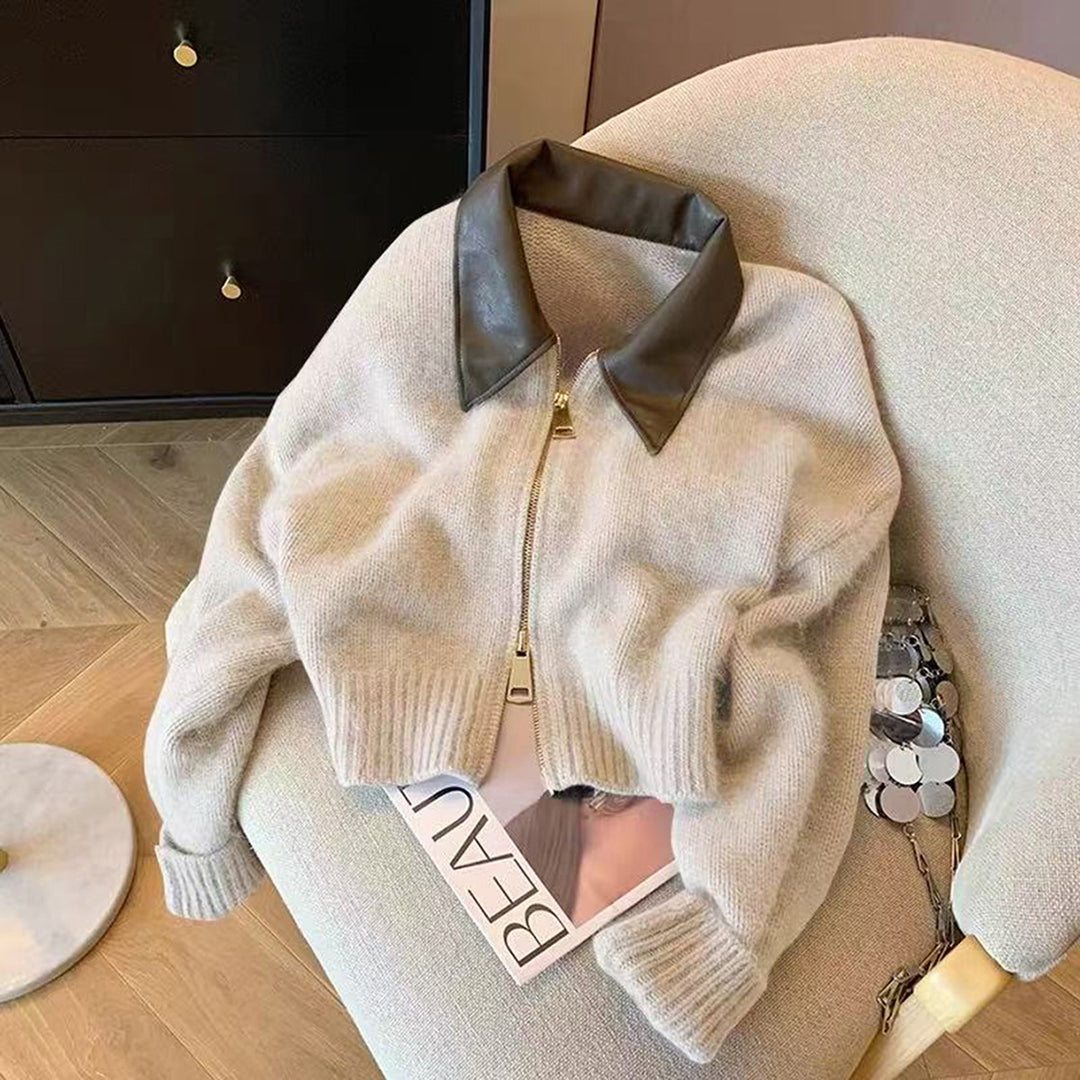 Damen nan kurz geschnittener Strickblouson mit Kunstlederkragen und goldfarbenem Metallreißverschluss EB