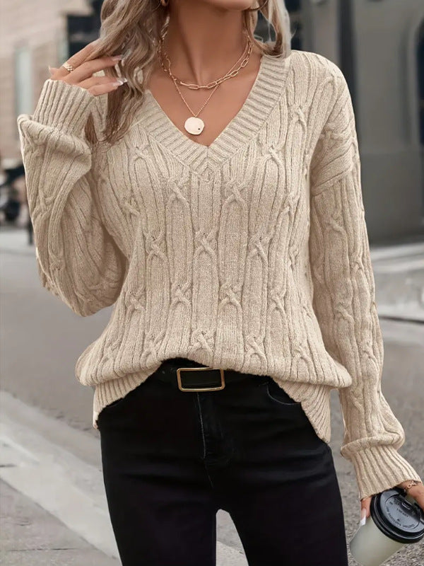 Damen Strickpullover mit V-Ausschnitt und Zopfmuster EB