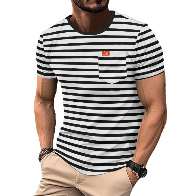 Herren nan lässiges gestreiftes Baumwoll-Jersey T-Shirt mit Rundhalsausschnitt und unaufdringlichem Logo-Patch EB