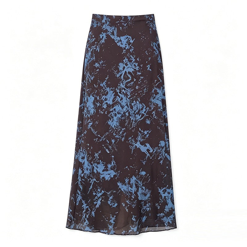 Damen  A-Linien Maxirock mit semi-transparenter Chiffonlage und abstraktem Batik-Print EB