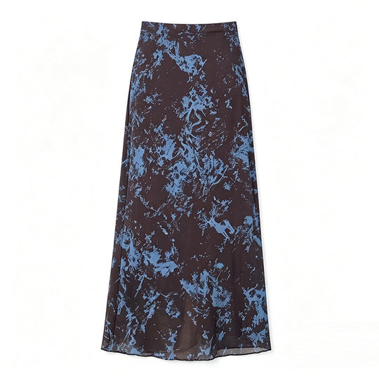 Damen  A-Linien Maxirock mit semi-transparenter Chiffonlage und abstraktem Batik-Print EB