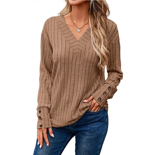 Damen V-Ausschnitt Pullover mit dekorativem Streifenmuster und Knopfdetails EB