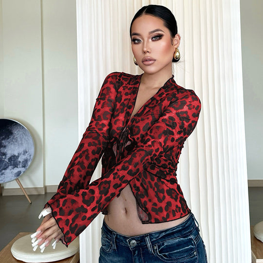 Damen leicht transparentes Oberteil mit Leopardenmuster EB