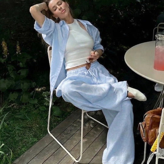 Damen nan luftiges Leinen-Loungeset mit Oversize-Hemd und weiter Bundhose mit Gummizug EB