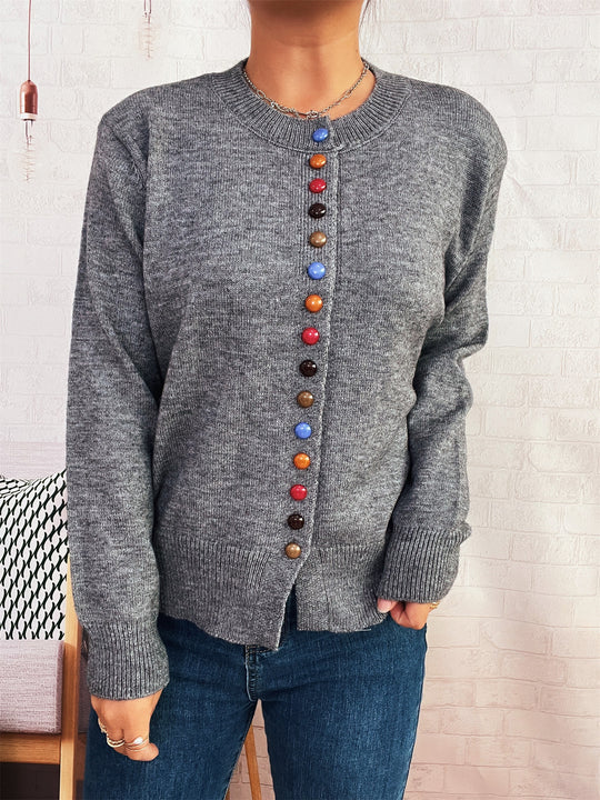 Damen stilvolle Strickjacke mit bunten Knöpfen EB
