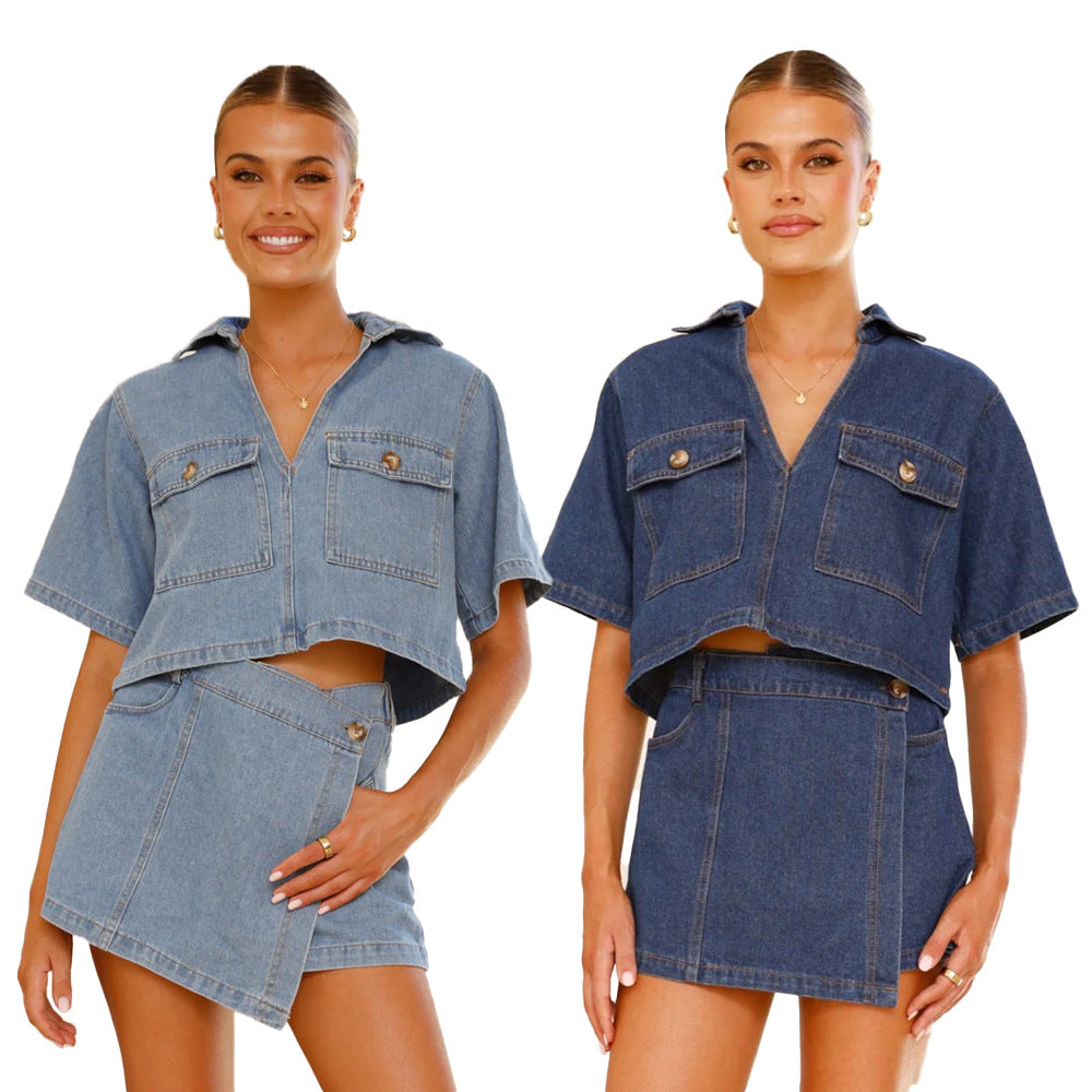 Damen Denim-Kurzarm-Oberteil mit passendem Wickelrock EB