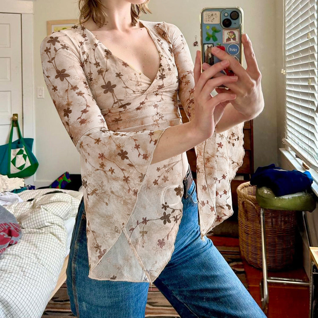 Damen Wickeloberteil mit voluminösen Ärmeln und floralem Print EB