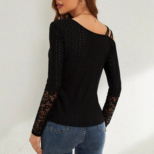 Damen Off-Shoulder Oberteil mit Spitzenbesatz und Trägerdesign EB