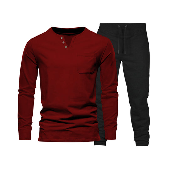 Herren Langarm‑Henley Loungewear‑Set mit Brusttasche und tapered Jogginghose EB