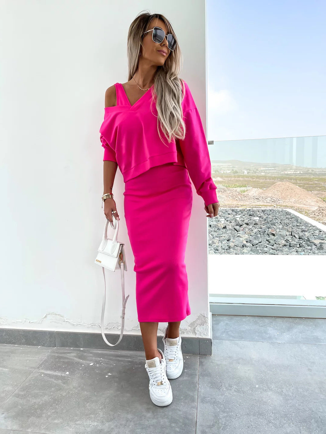 Damen weiches geripptes Lounge-Set mit Oversize-Viskoseshirt und High-Waist Schlaghose EB