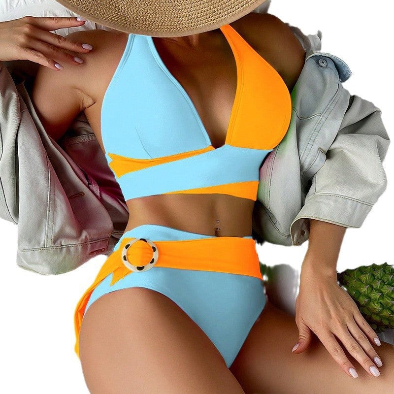 Damen Triangel-Bikini mit modischen Farbblock-Details und dekorativem Gürtel EB