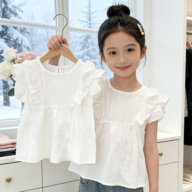 Mädchen modische Bluse mit Rüschen und Pünktchenmuster EB