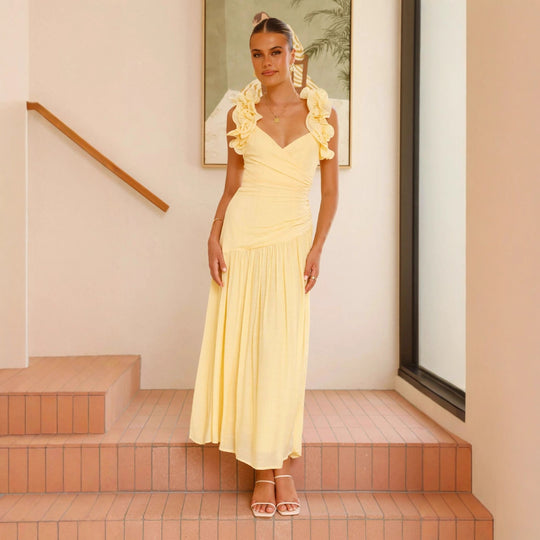 Damen Maxikleid mit eleganten Rüschen und figurbetontem Schnitt EB