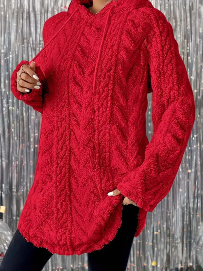 Damen Kapuzenpullover mit weichem Plüsch und modischem Zopfmuster EB