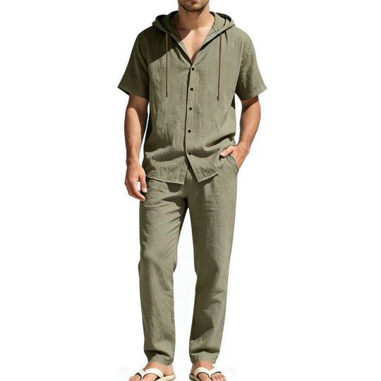 Herren nan luftiges Leinen-Lounge-Set mit kurzärmeligem Kapuzenhemd und gerader Relaxhose EB