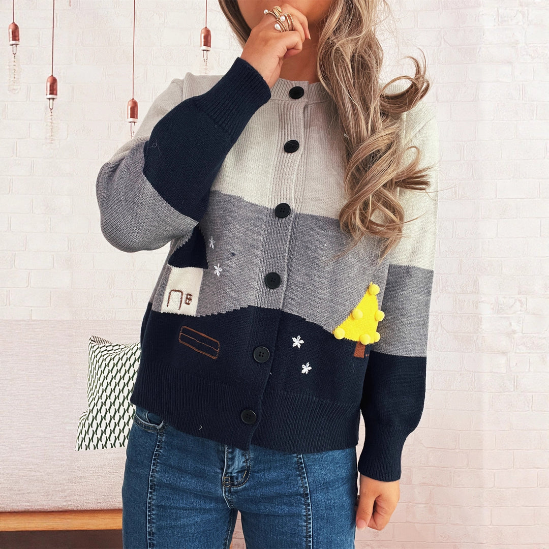 Damen Strickjacke mit festlichem Motiv und Knopfdetails EB