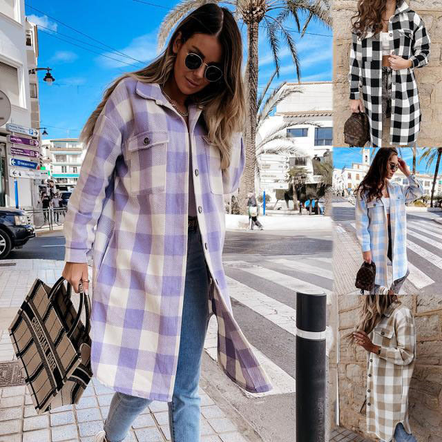 Damen Karierte Overshirtjacke mit Brusttaschen EB