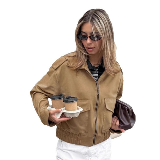 Damen Modische Suede Bomberjacke mit praktischen Taschen und Reißverschluss EB