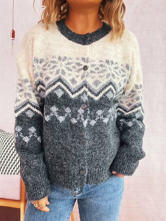 Damen kuschelige Strickjacke mit großem Muster und hochwertiger Verarbeitung EB