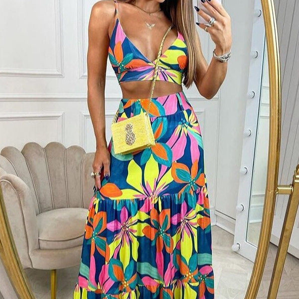 Damen Maxikleid mit floralem Design und verziertem V-Ausschnitt EB