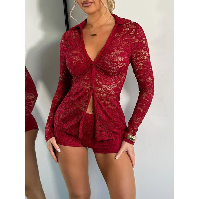 Damen Transparente Spitzenbluse mit knöpfbarem Ausschnitt und langem Arm EB