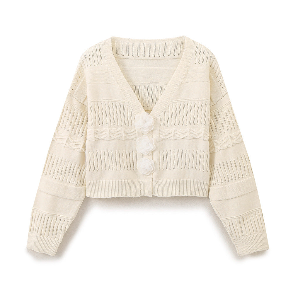 Damen modische Strickjacke mit romantischen Blumenknöpfen und lässigem Schnitt EB