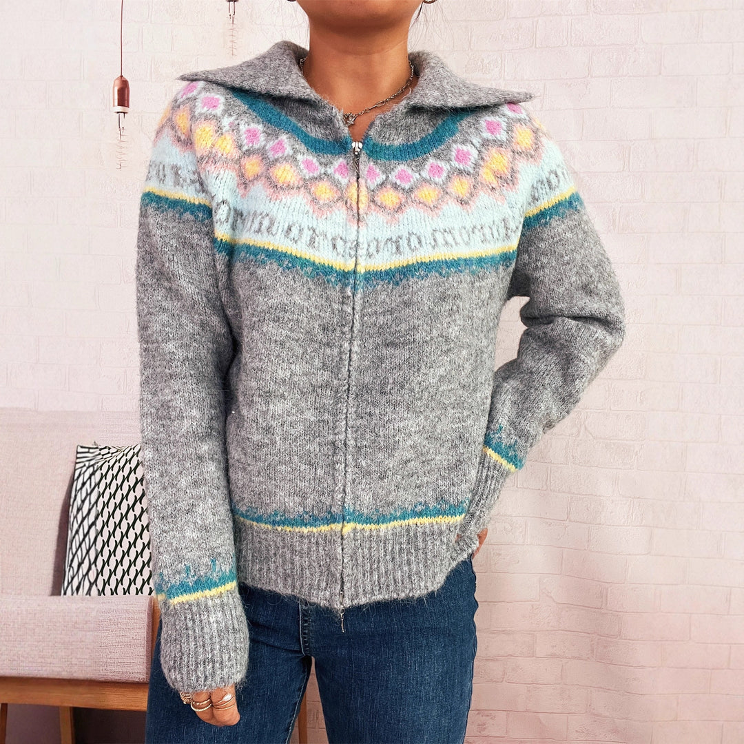 Damen Strickjacke mit buntem Muster und hochwertigem Reißverschluss EB