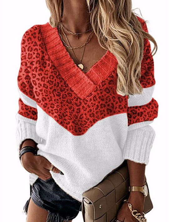 Damen modischer V-Ausschnitt Pullover mit Leopardenmuster EB