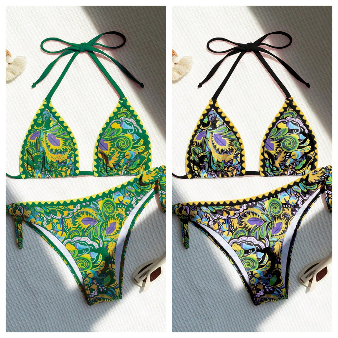 Damen Triangel-Bikini mit buntem Print und verstellbaren Trägern EB