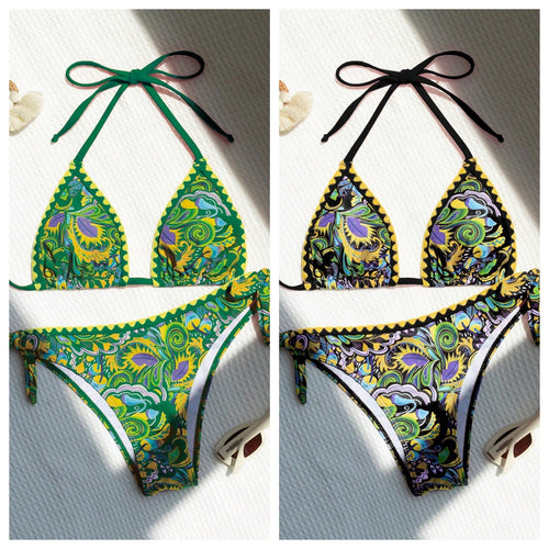 Damen Triangel-Bikini mit buntem Print und verstellbaren Trägern EB