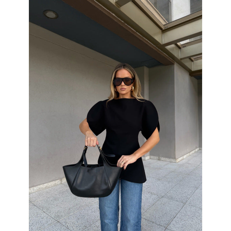 Damen Bluse mit voluminösen Puffärmeln und asymmetrischem Saum EB