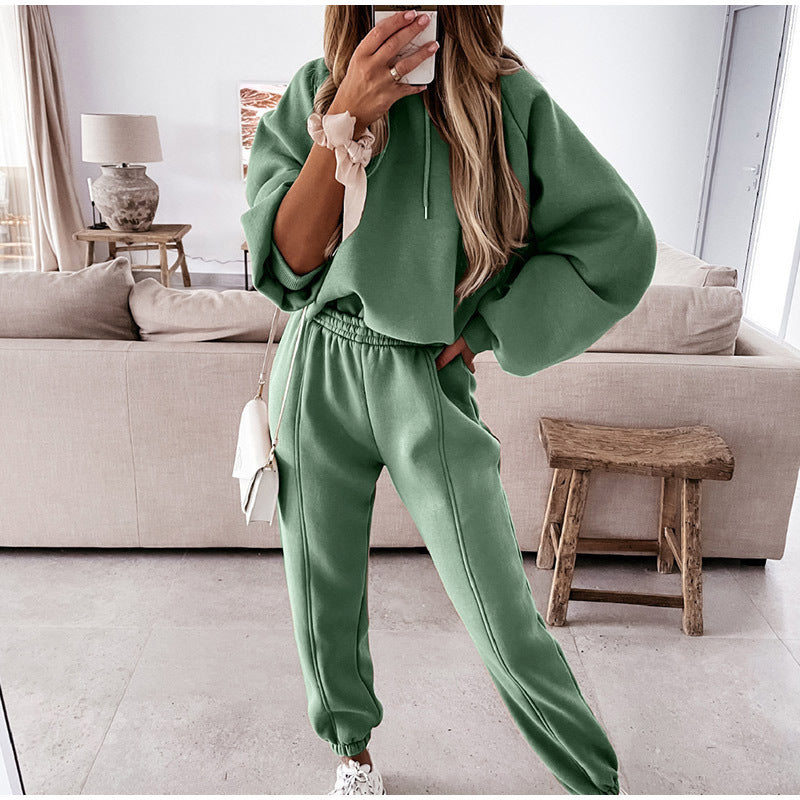 Damen kuscheliges Lounge-Zweiteiler-Set mit oversized Kapuzenpullover, Balloon-Ärmeln und taillierter Jogginghose EB
