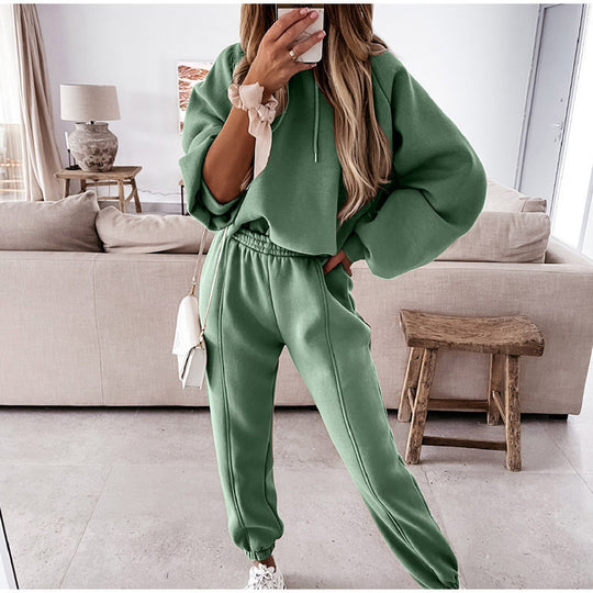 Damen kuscheliges Lounge-Zweiteiler-Set mit oversized Kapuzenpullover, Balloon-Ärmeln und taillierter Jogginghose EB