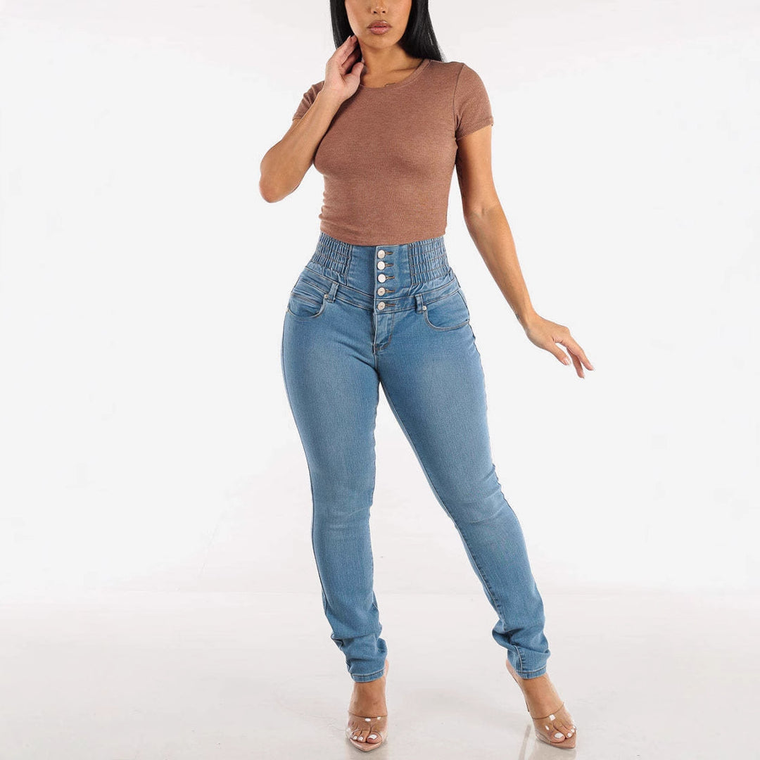 Damen Hochtaillierte Skinny Jeans mit dekorativen Knopfdetails und elastischem Bund EB