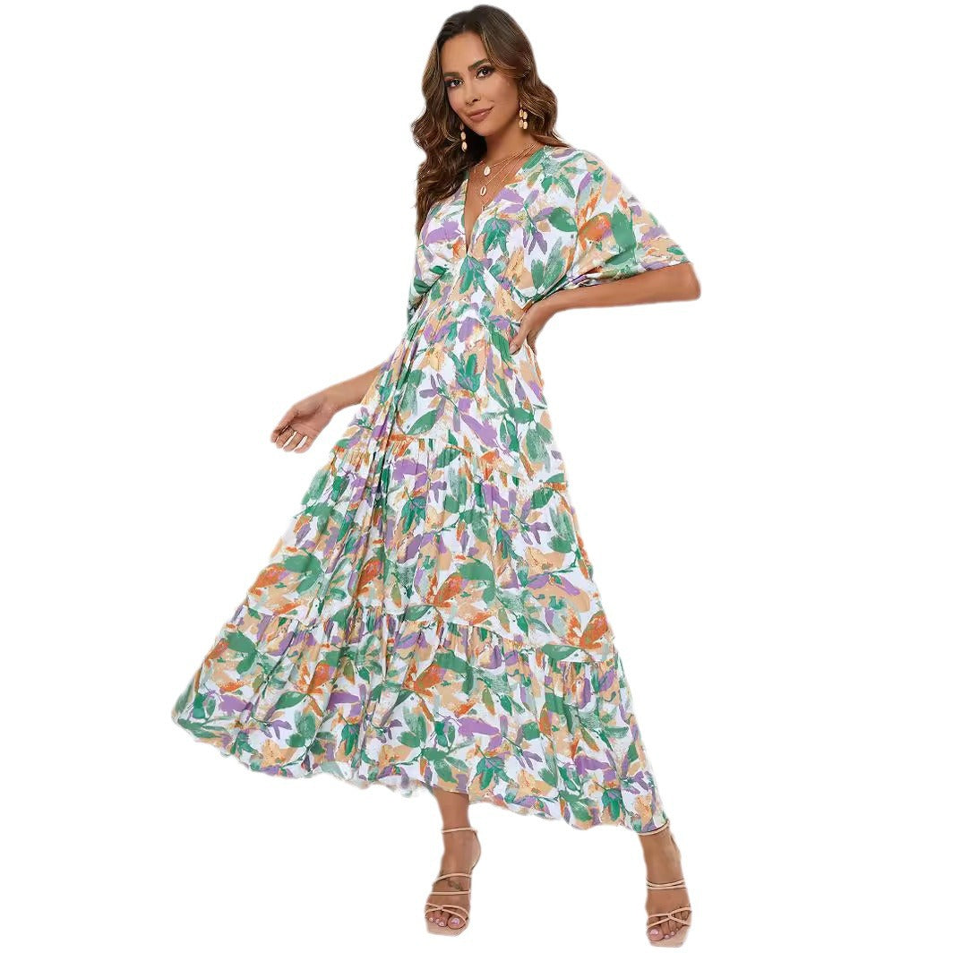 Damen Maxi-Kleid mit V-Ausschnitt und floralen Mustern EB