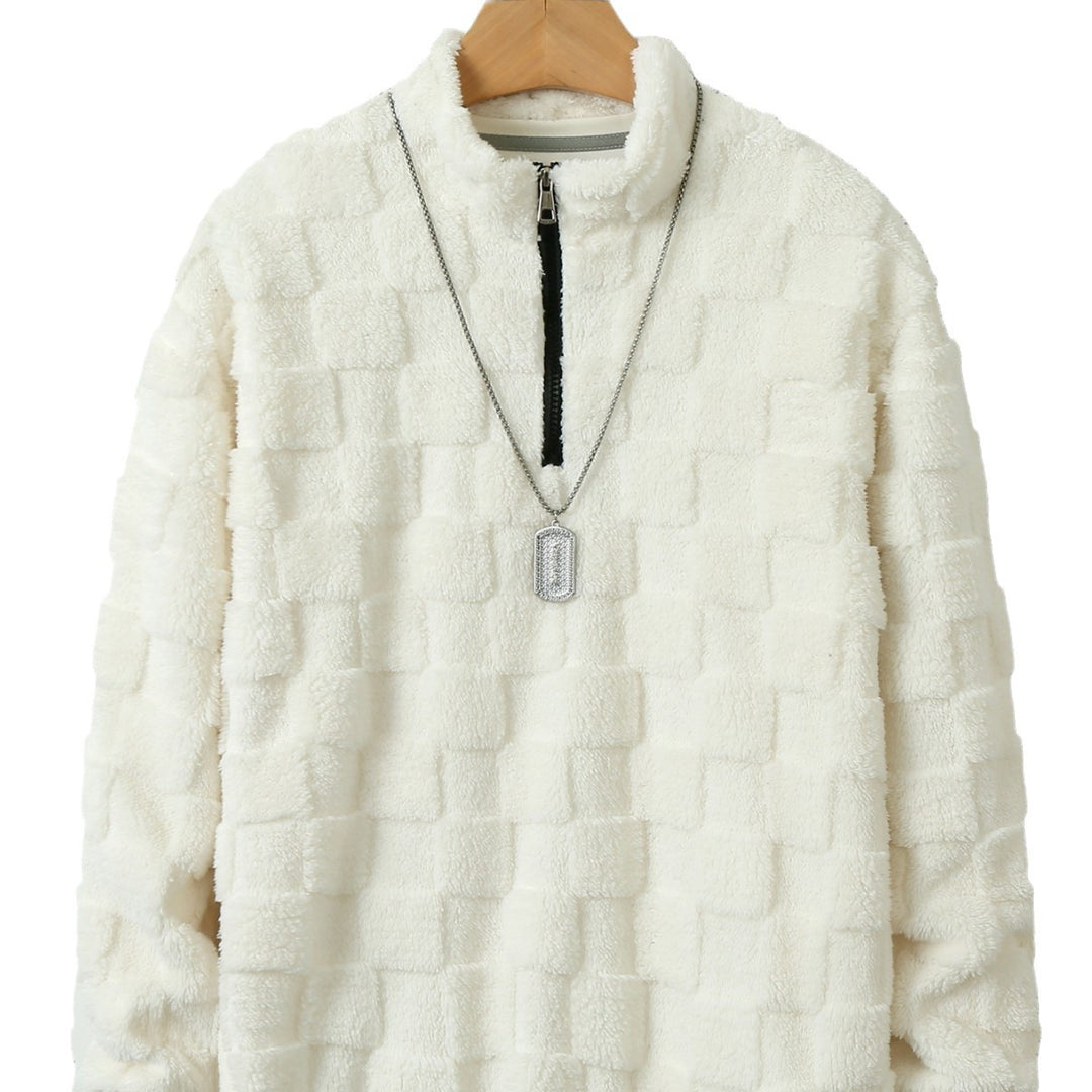 Herren nan karierter Sherpa-Halbzip-Pullover mit hohem Stehkragen und weicher Teddy-Fleece-Qualität EB