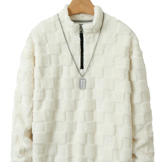 Herren nan karierter Sherpa-Halbzip-Pullover mit hohem Stehkragen und weicher Teddy-Fleece-Qualität EB