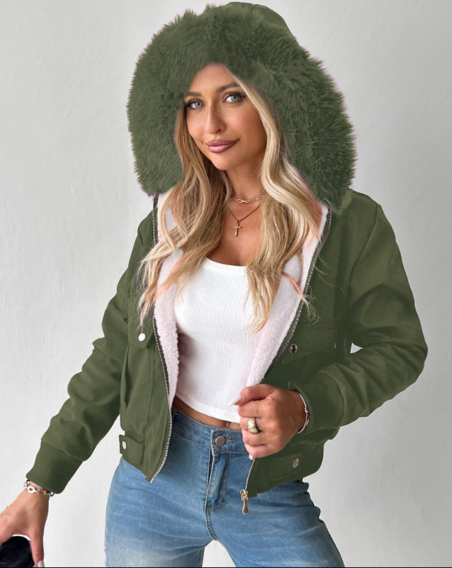 Damen Kurzblouson Winterjacke mit Teddyfutter und abnehmbarer Kunstfellkapuze EB
