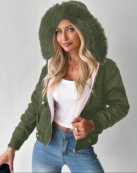 Damen Kurzblouson Winterjacke mit Teddyfutter und abnehmbarer Kunstfellkapuze EB