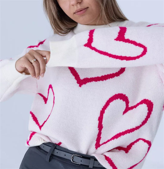 Damen Kuscheliger Jacquard-Pullover mit Herzmotiv und lockerer Oversize-Passform EB