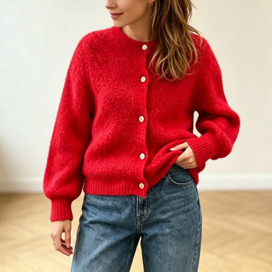 Damen Kuschelige Mohair-Optik Strickjacke mit Rundhals und Ballonärmeln EB