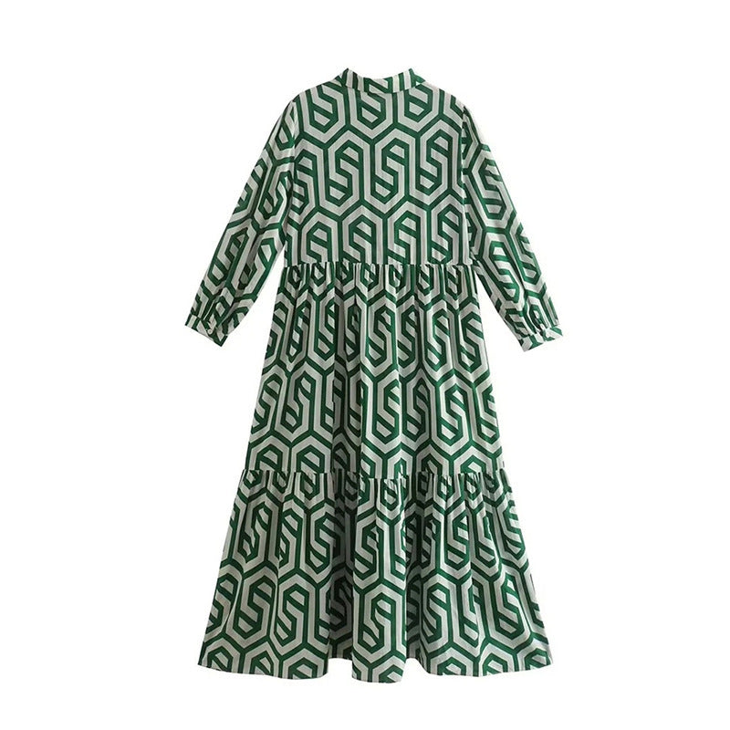 Damen Langarm Maxikleid mit geometrischem Design und Rüschendetails Heidi-Mode