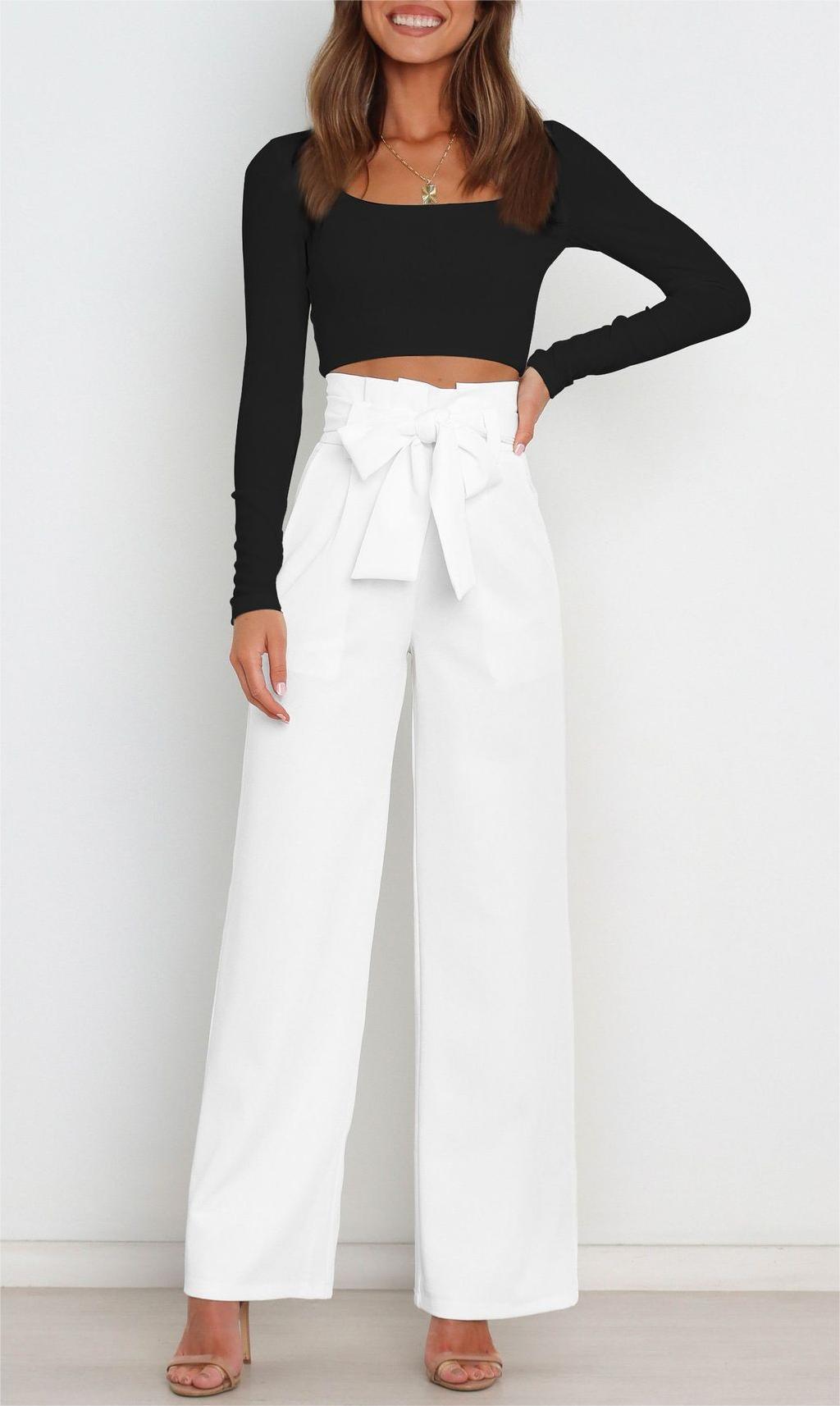 Damen Weite High-Waist Paperbag-Hose mit Bundfalten und Bindegürtel EB
