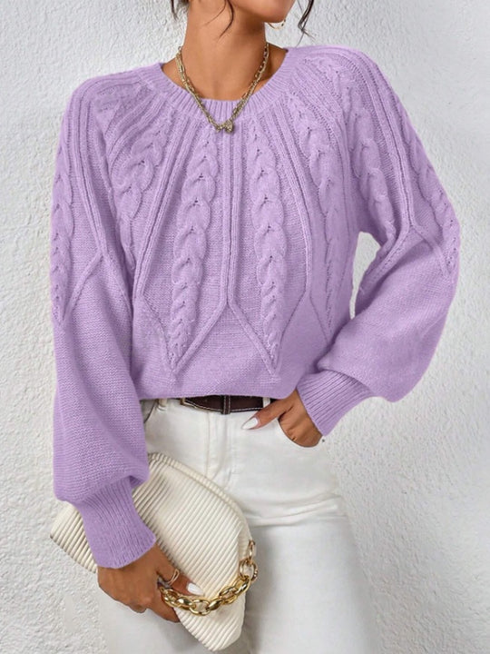 Damen nan kurzer Zopfmuster-Strickpullover mit Ballonärmeln und geripptem Saum EB
