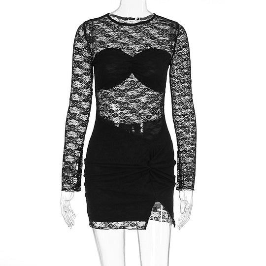 Damen Spitzenkleid mit tiefem Ausschnitt und figurbetontem Schnitt EB